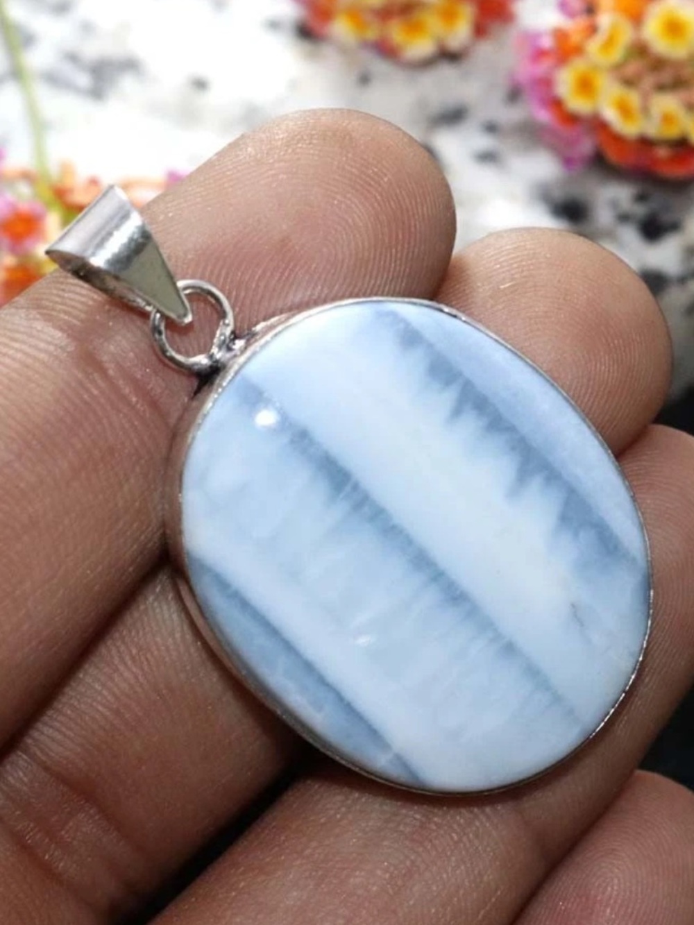 925 Sterling Silver Stamped Blue Striped Oval Pendant